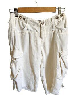 Vtg DA-NANG Off White Ivory 100% Silk Washable LONG CARGO Shorts 90s Y2K S
